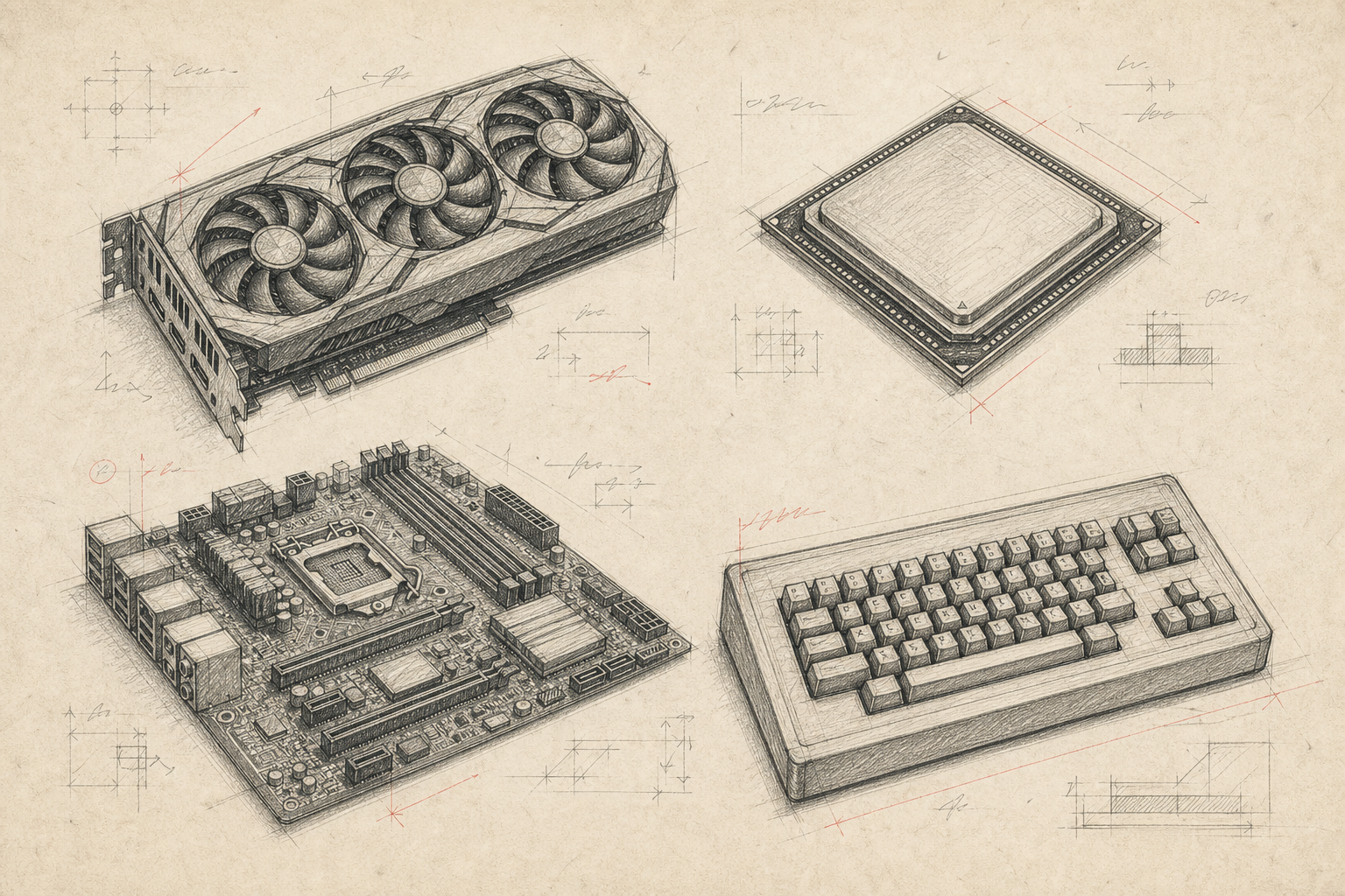 Bleistiftskizzen von Grafikkarte, Prozessor, Mainboard und Retro-Tastatur
